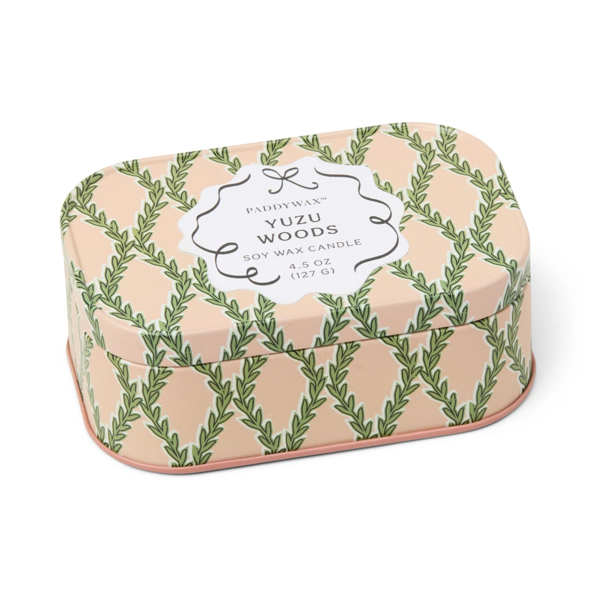 Candle tin with green leaf pattern and &