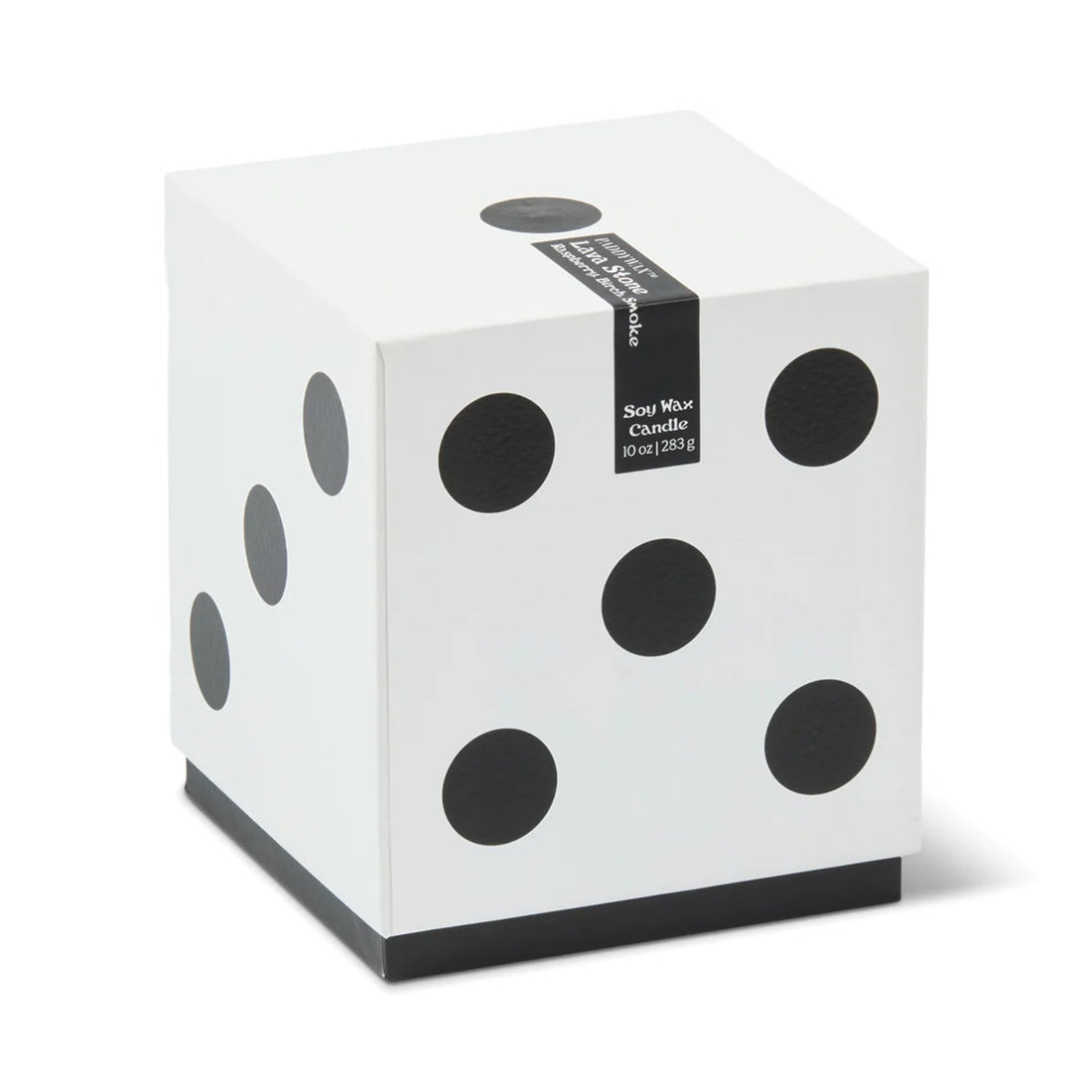 White cube-shaped candle with black dots on a white background