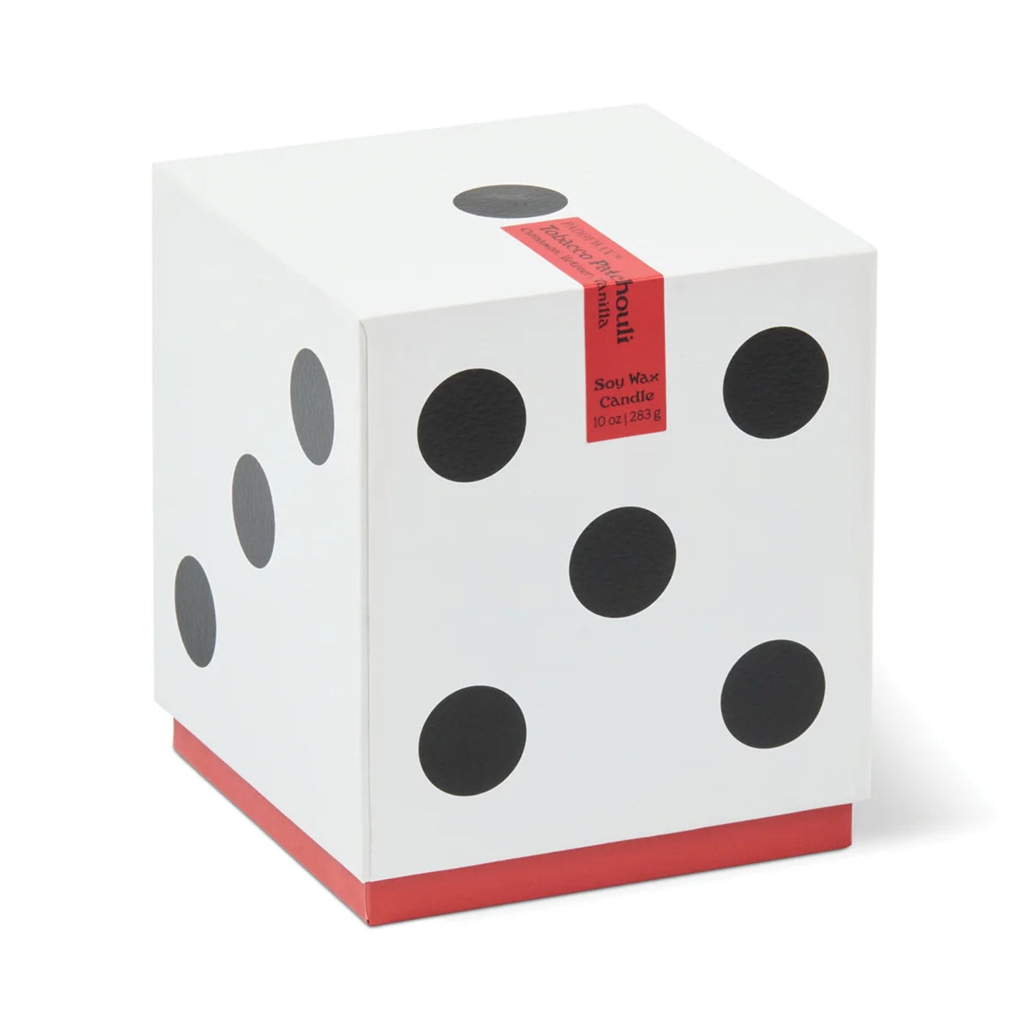 Dice-shaped product with black dots and red accents on a white background