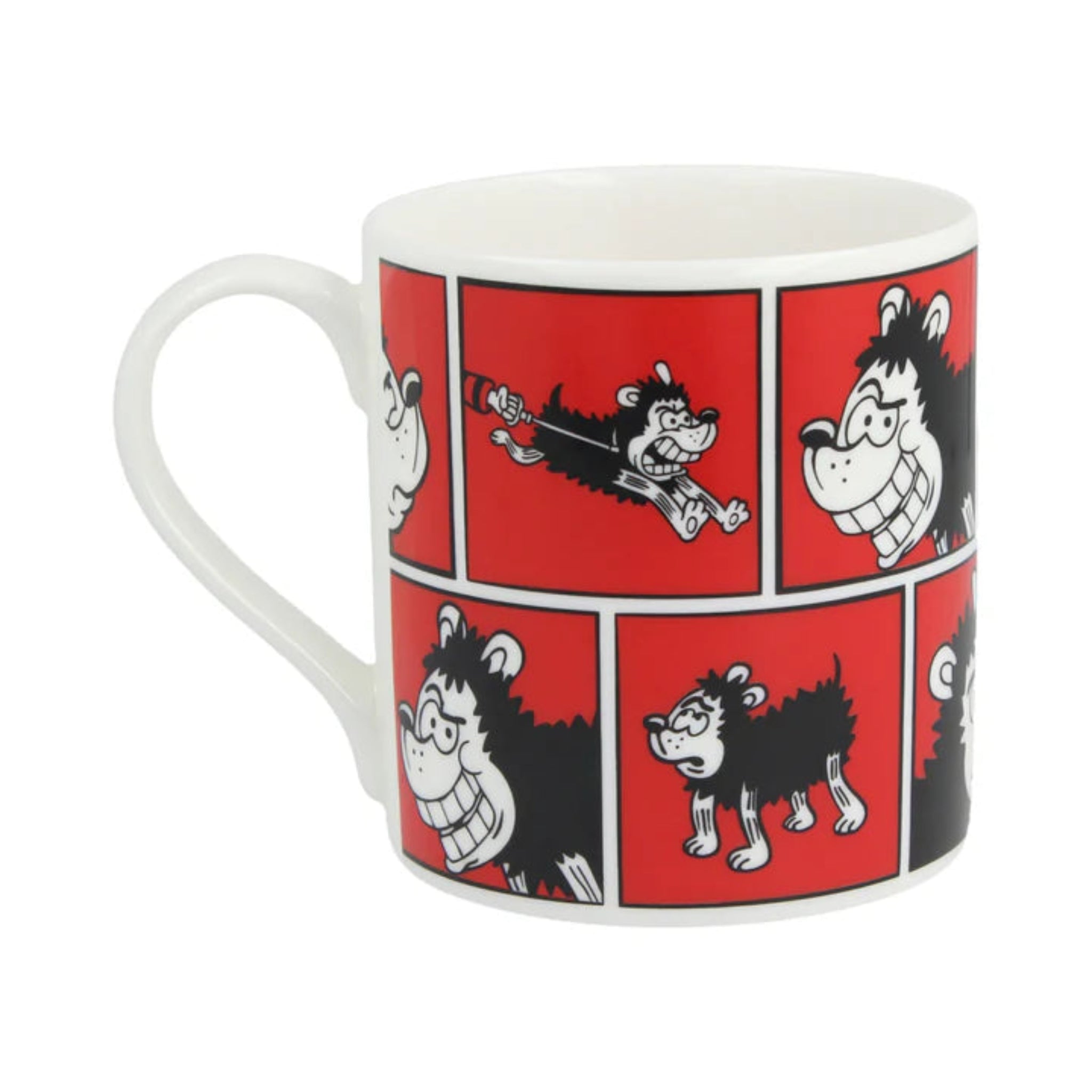 Mug with cartoon character design on a red background