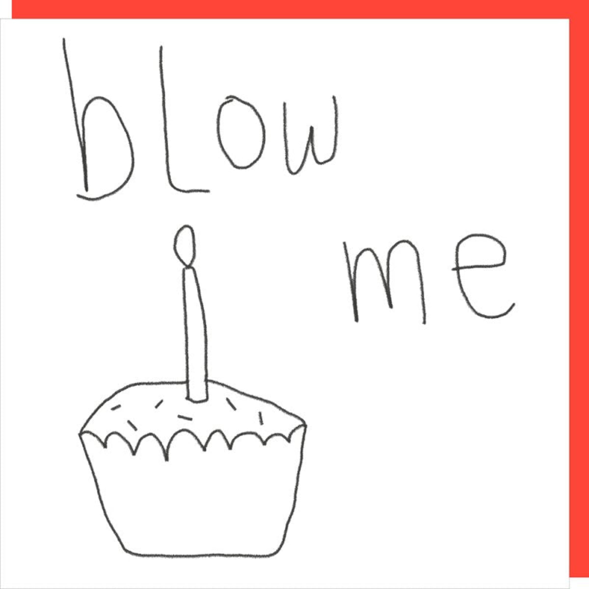 A white square graphic with a red border, featuring a simple black line drawing of a cupcake with a candle and the handwritten words &