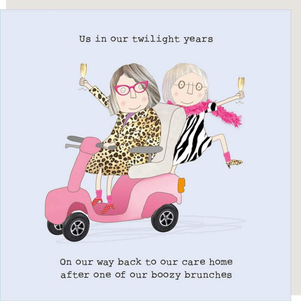 Cartoon illustration of two women on a pink scooter with text about twilight years and care home.
