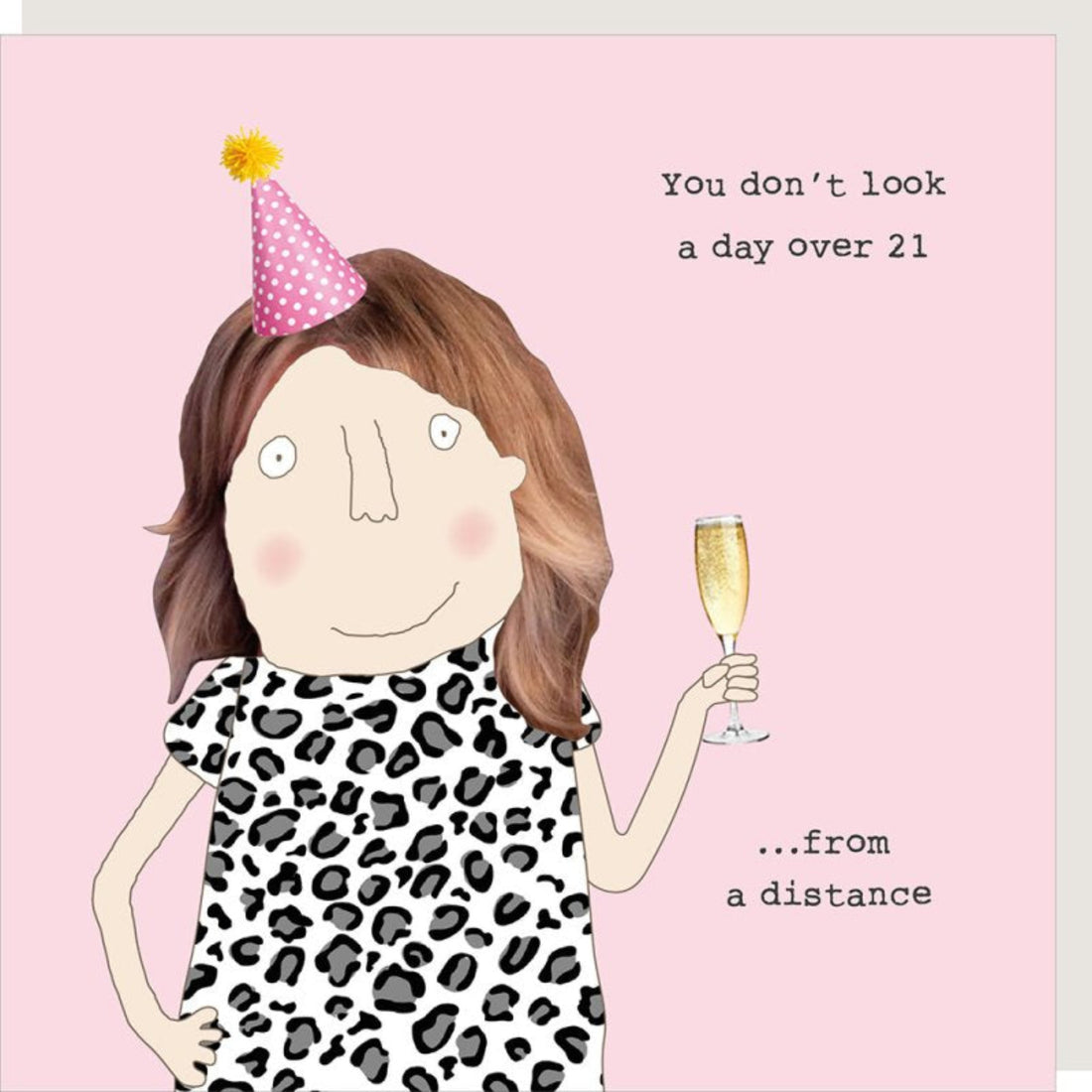 Illustration of a person wearing a party hat and leopard print dress, holding a glass of champagne on a pink background with text.