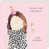 Illustration of a person wearing a party hat and leopard print dress, holding a glass of champagne on a pink background with text.