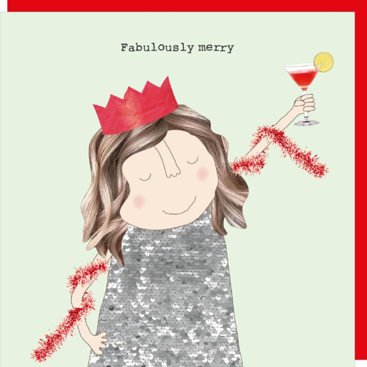 Illustration of a woman in a sequin dress and red crown holding a cocktail, with &