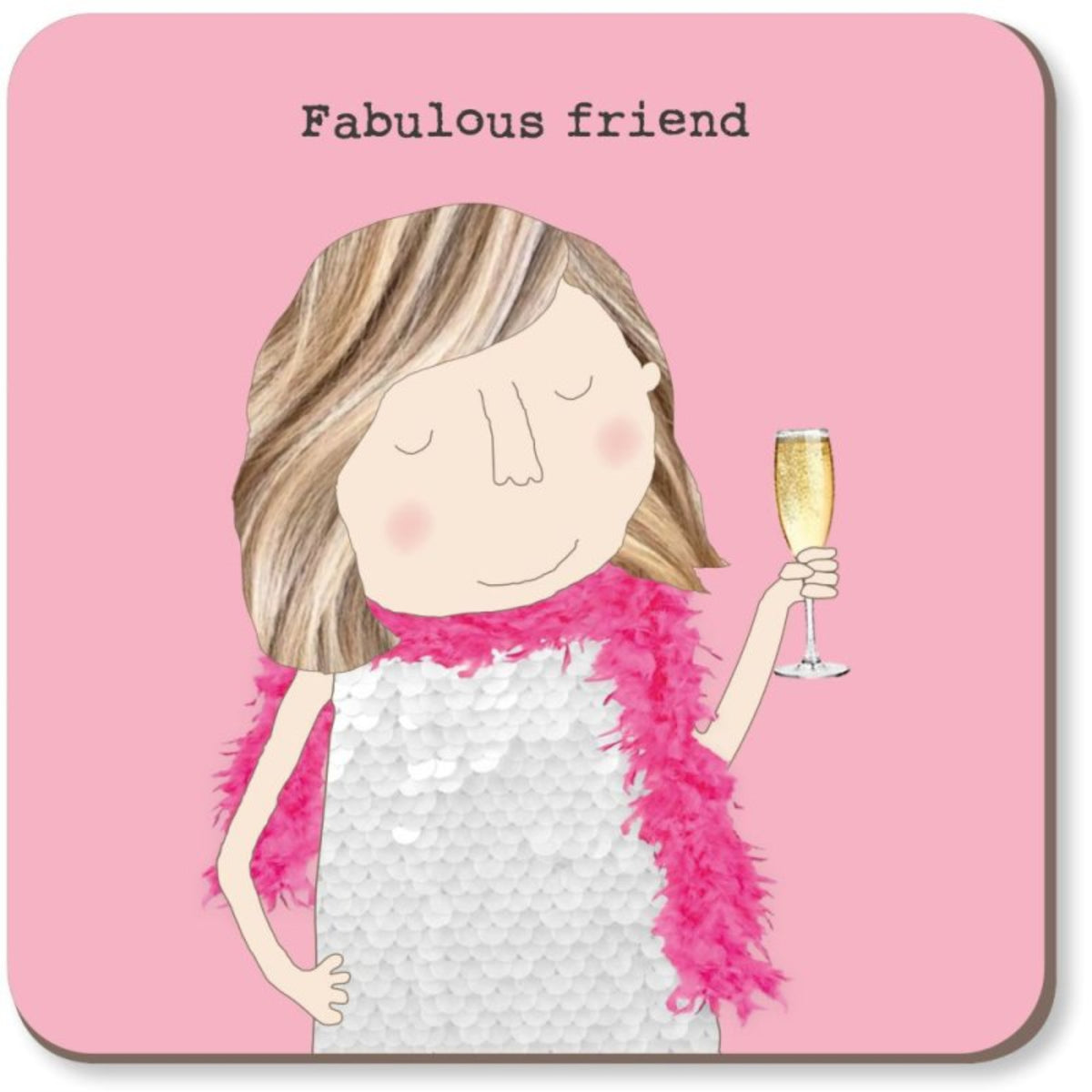 Illustration of a woman holding a glass of champagne with &