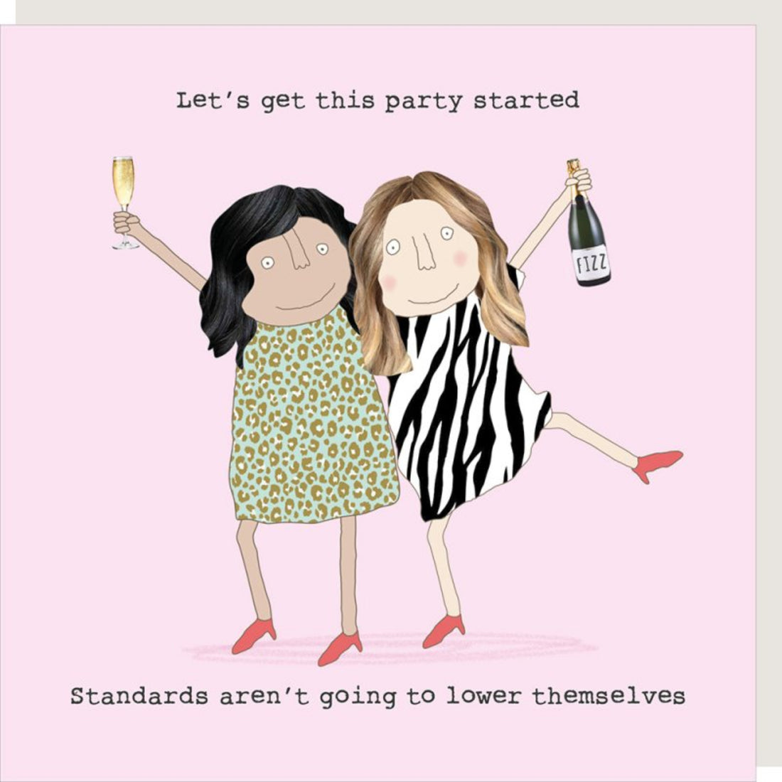 Cartoon of two women celebrating with champagne and a bottle labeled &
