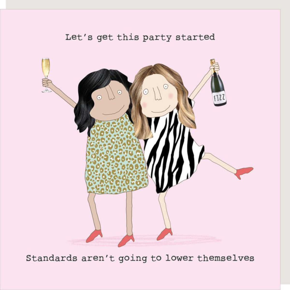Cartoon of two women celebrating with champagne and a bottle labeled &