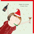Illustration of a person in a red dress and Santa hat holding a bottle and glass, with &