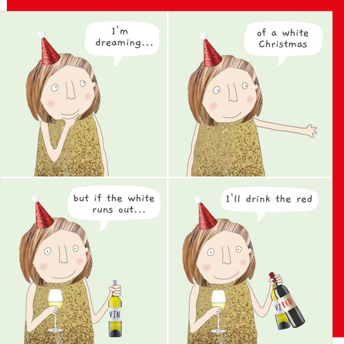 A four-panel cartoon comic shows a woman in a gold dress and red party hat with speech bubbles reading: &