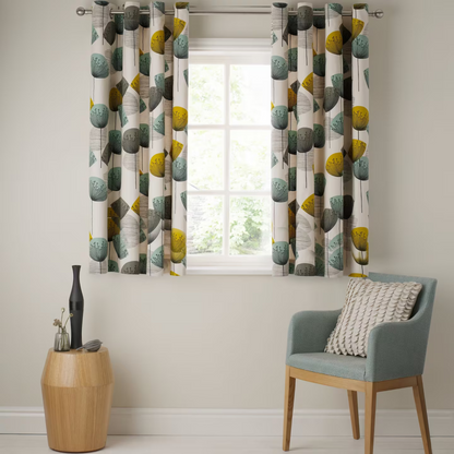 Patterned curtains in a room with a chair and small table.