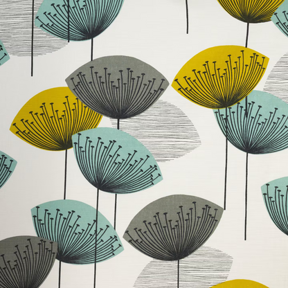 Pattern of stylized dandelion seed heads in yellow, green, and gray on a light background.