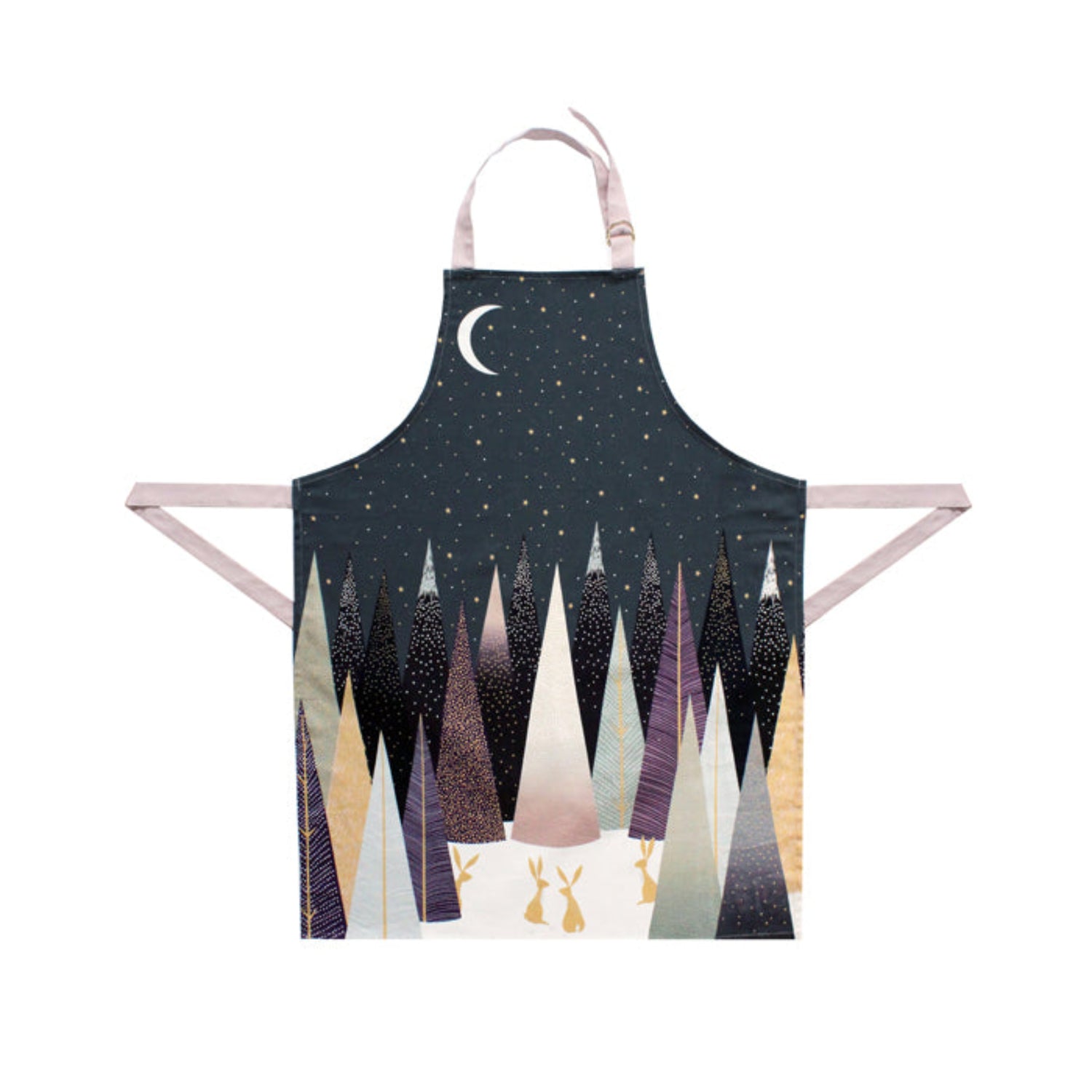 Apron with a forest design featuring trees and a moon on a white background