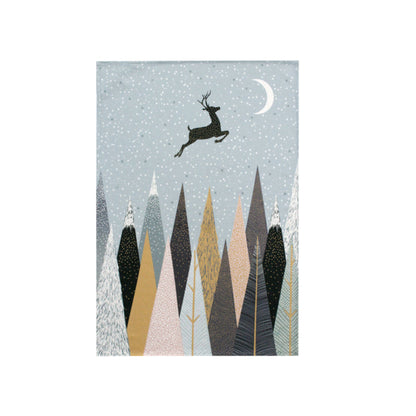 Illustration of a deer jumping over trees with a moonlit sky in the background