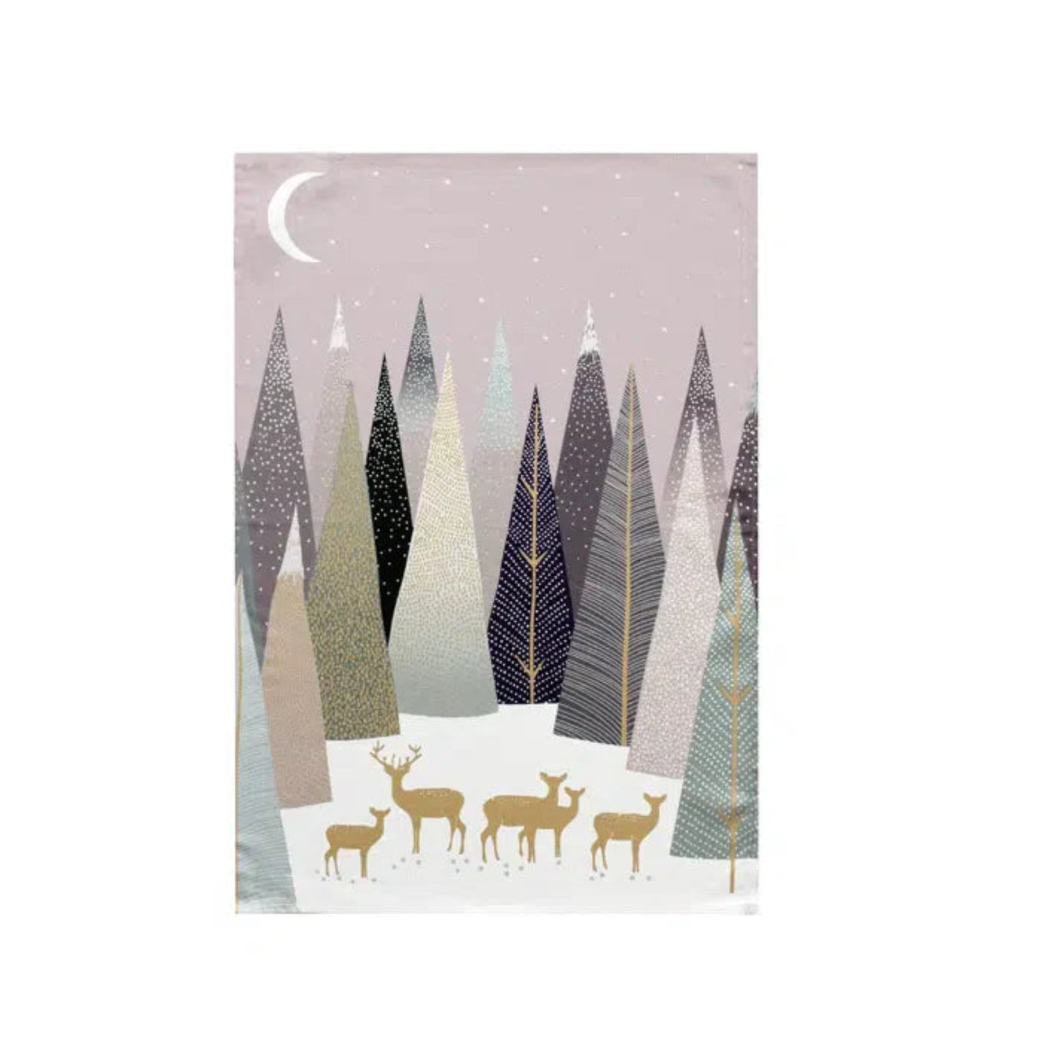 Festive tea towel with winter scene featuring trees and deer on a soft pink background