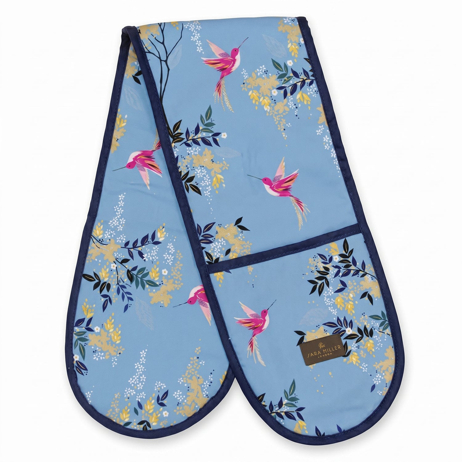 Pair of oven mitts with hummingbird and floral pattern on a blue background