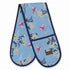 Pair of oven mitts with hummingbird and floral pattern on a blue background