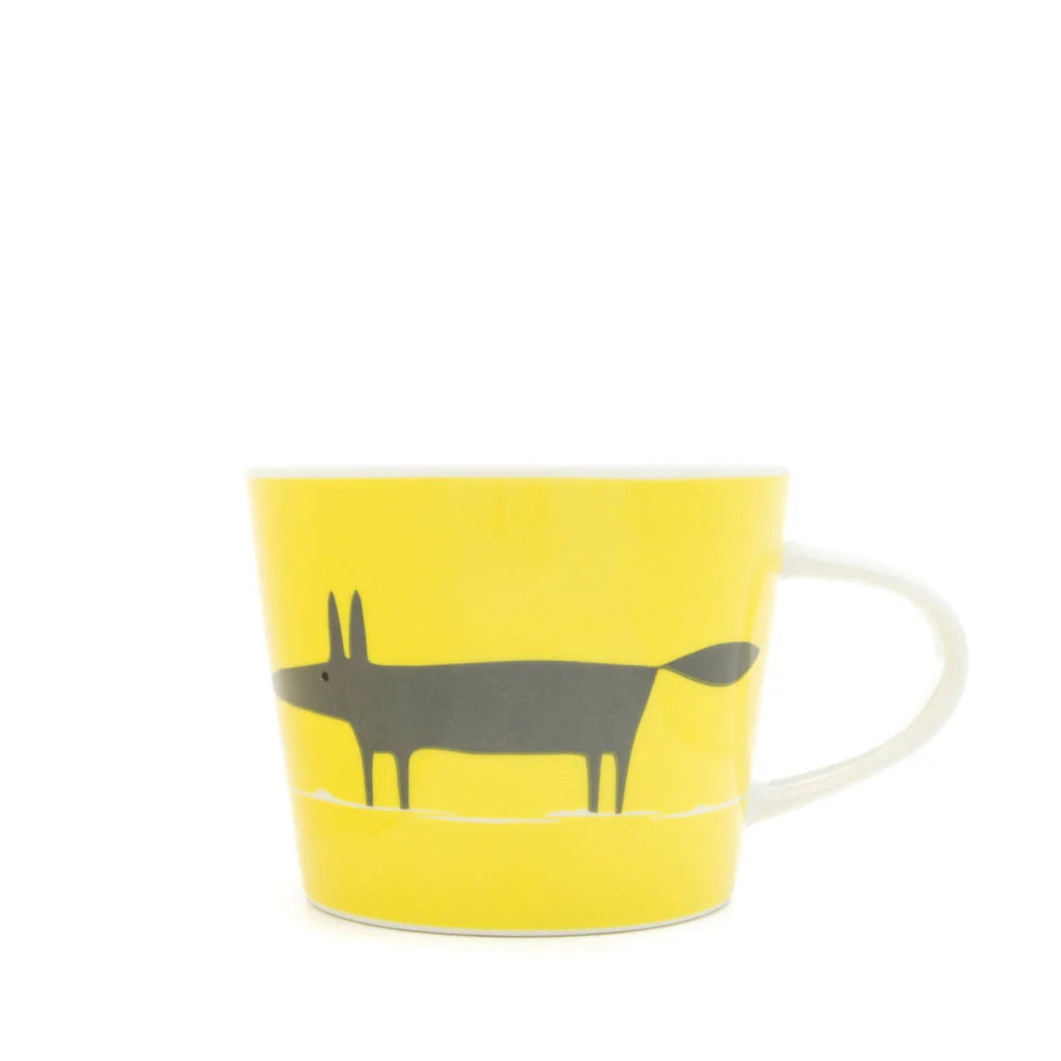 Yellow mug with a black fox illustration on a white background