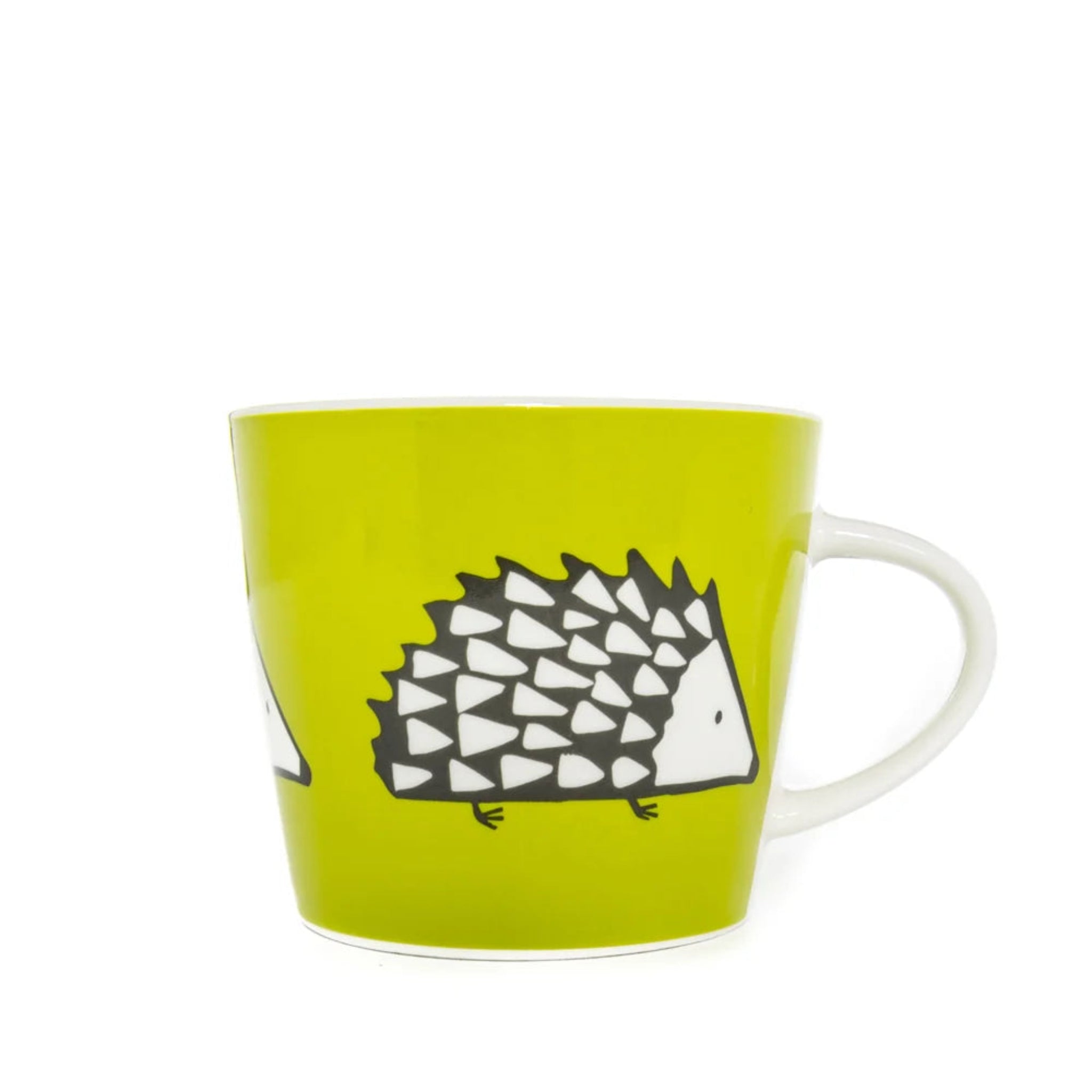 A bright lime green ceramic mug featuring a stylized hedgehog illustration in black, white, and gray, with a white handle and base, set against a plain white background.