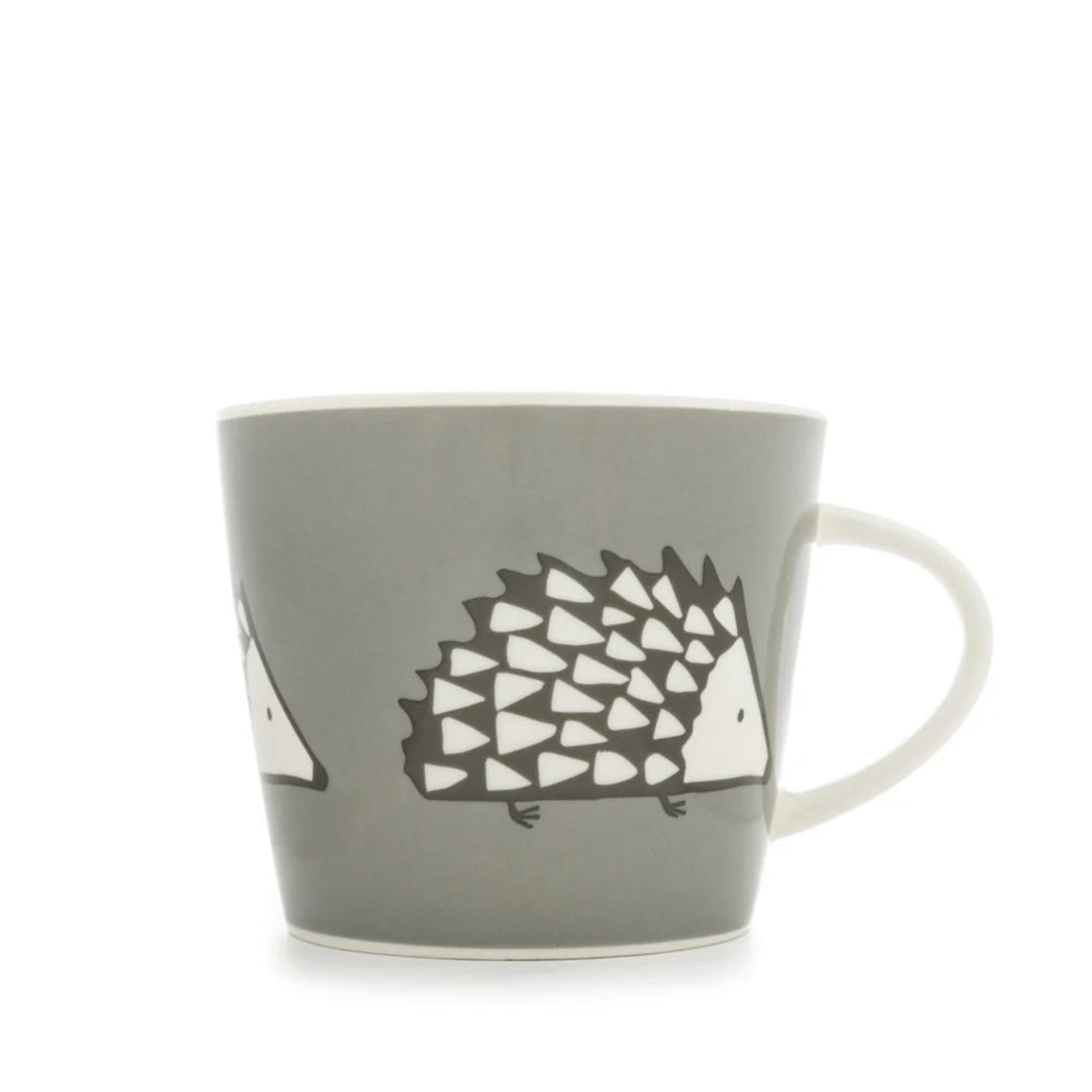 Gray mug with hedgehog design on a white background