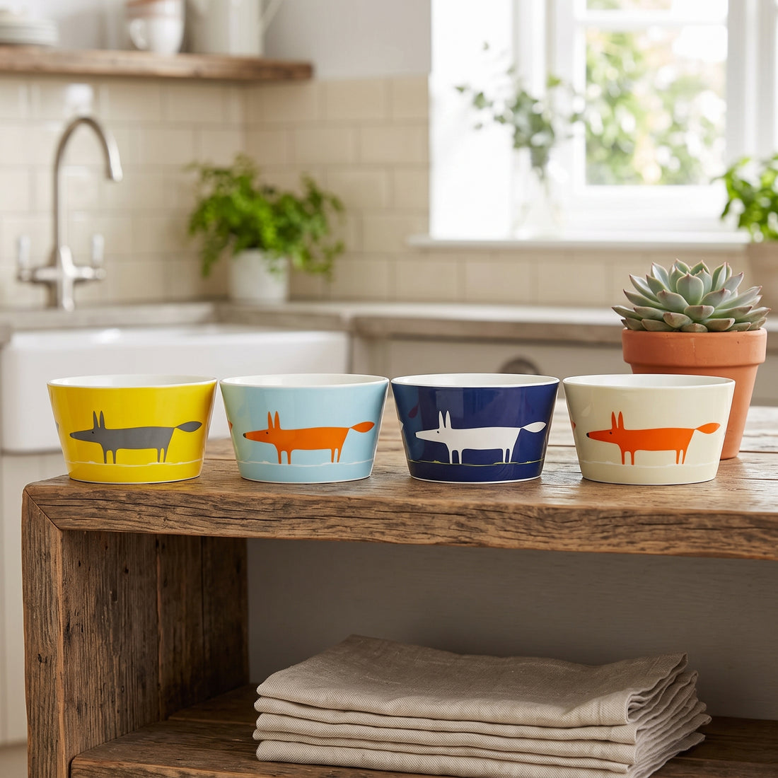 Four ceramic bowls with minimalist fox illustrations in different colors, displayed on a rustic wooden shelf in a bright, modern kitchen.