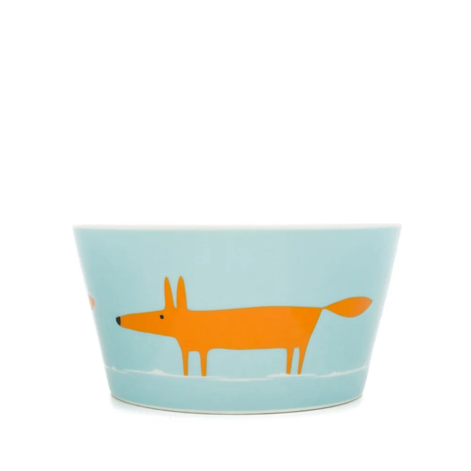 A light blue ceramic bowl featuring a stylized orange fox illustration on the side, set against a plain white background.