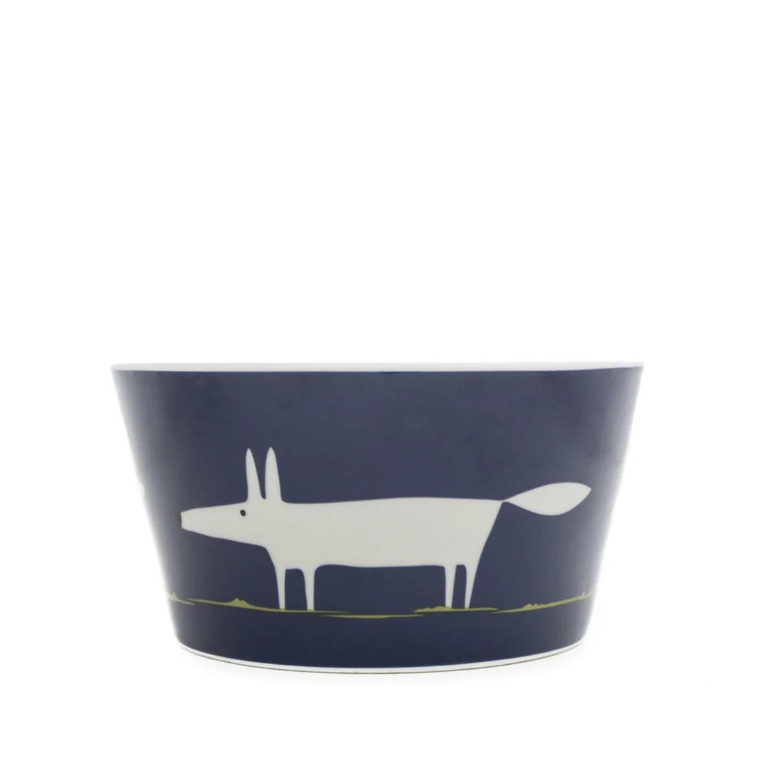 A navy blue ceramic bowl featuring a minimalist white fox silhouette and a thin yellow-green grass line near the bottom, shown against a plain white background.