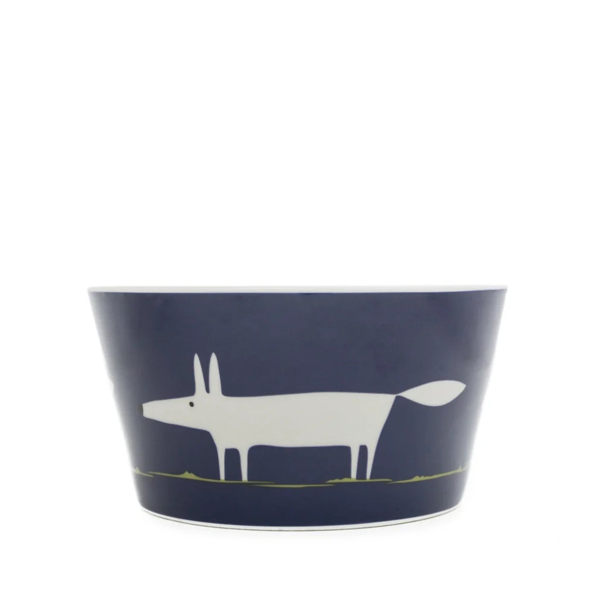 A navy blue ceramic bowl featuring a minimalist white fox silhouette and a thin yellow-green grass line near the bottom, shown against a plain white background.