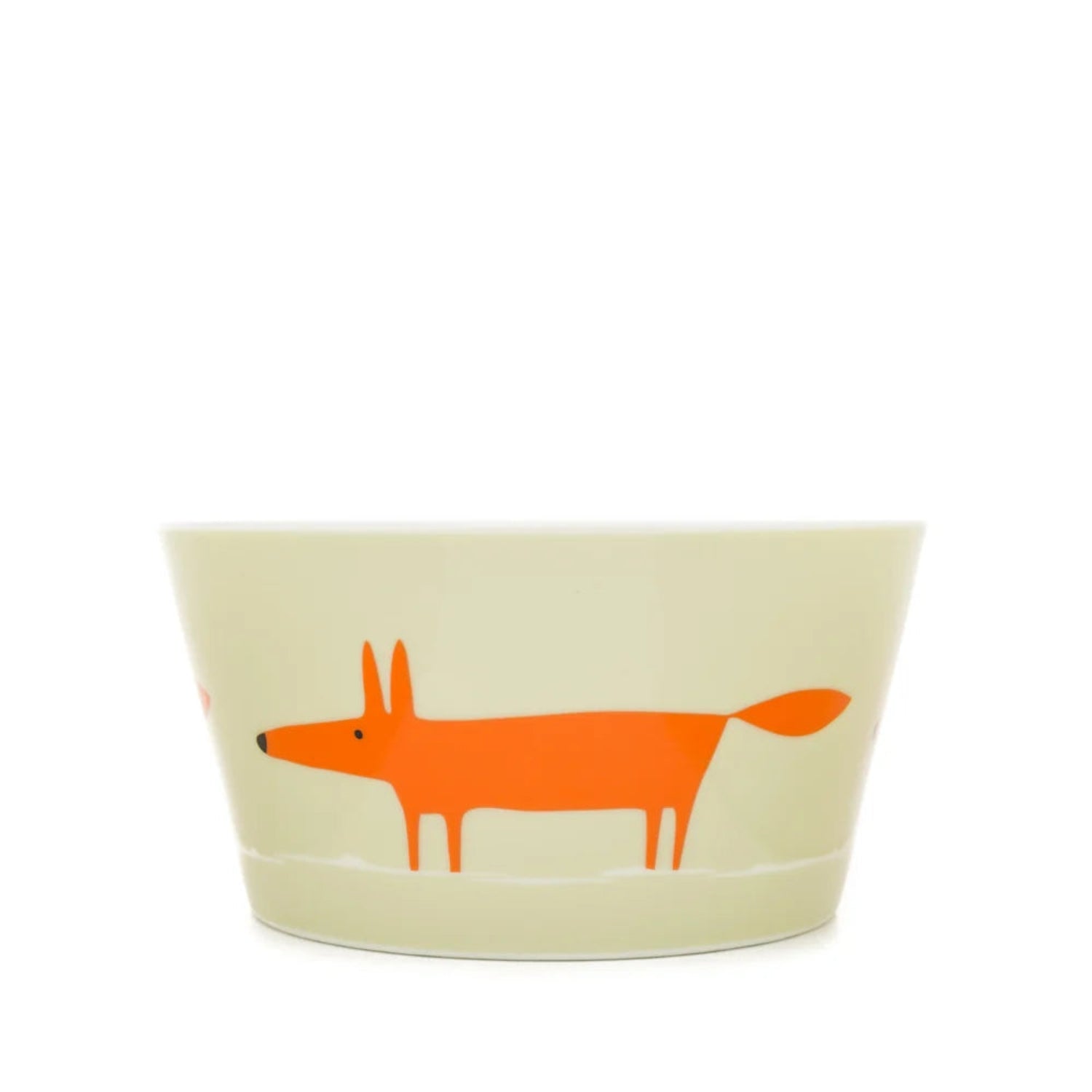 A light beige ceramic bowl featuring a stylized orange fox illustration on the side, set against a plain white background.