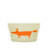A light beige ceramic bowl featuring a stylized orange fox illustration on the side, set against a plain white background.