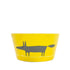 A bright yellow ceramic bowl featuring a minimalist dark gray fox silhouette printed on the side, set against a plain white background.
