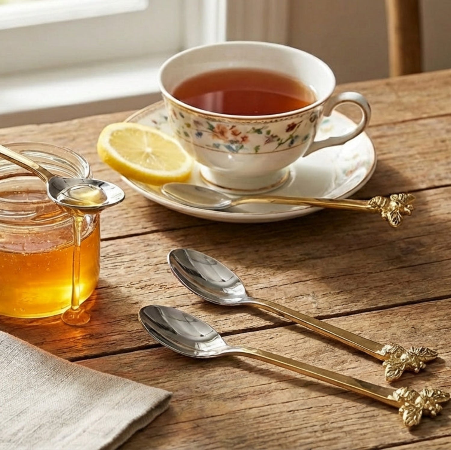 Tea cup with lemon, jar of honey, and pastries on a wooden table.