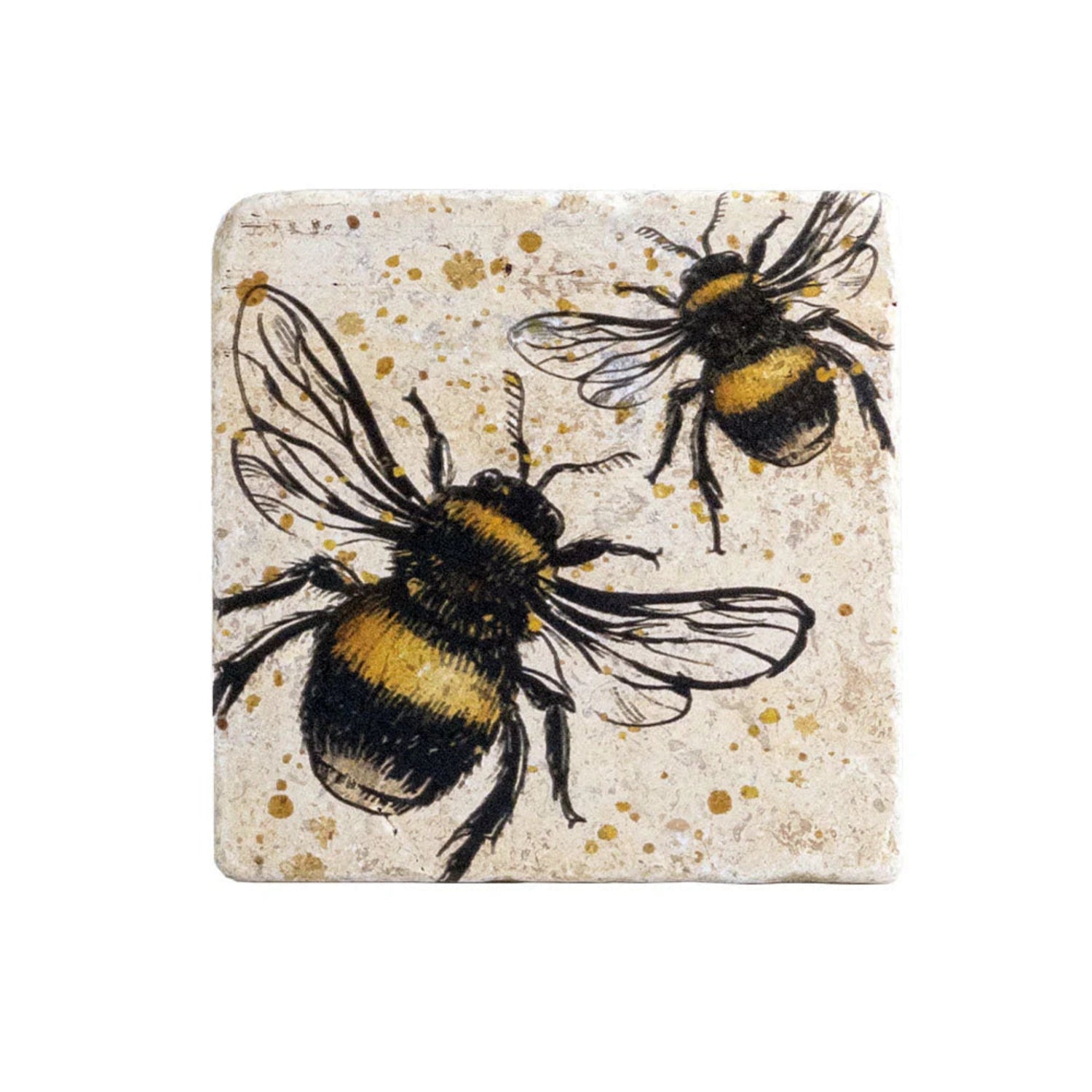 Coaster with two bee illustrations on a textured surface