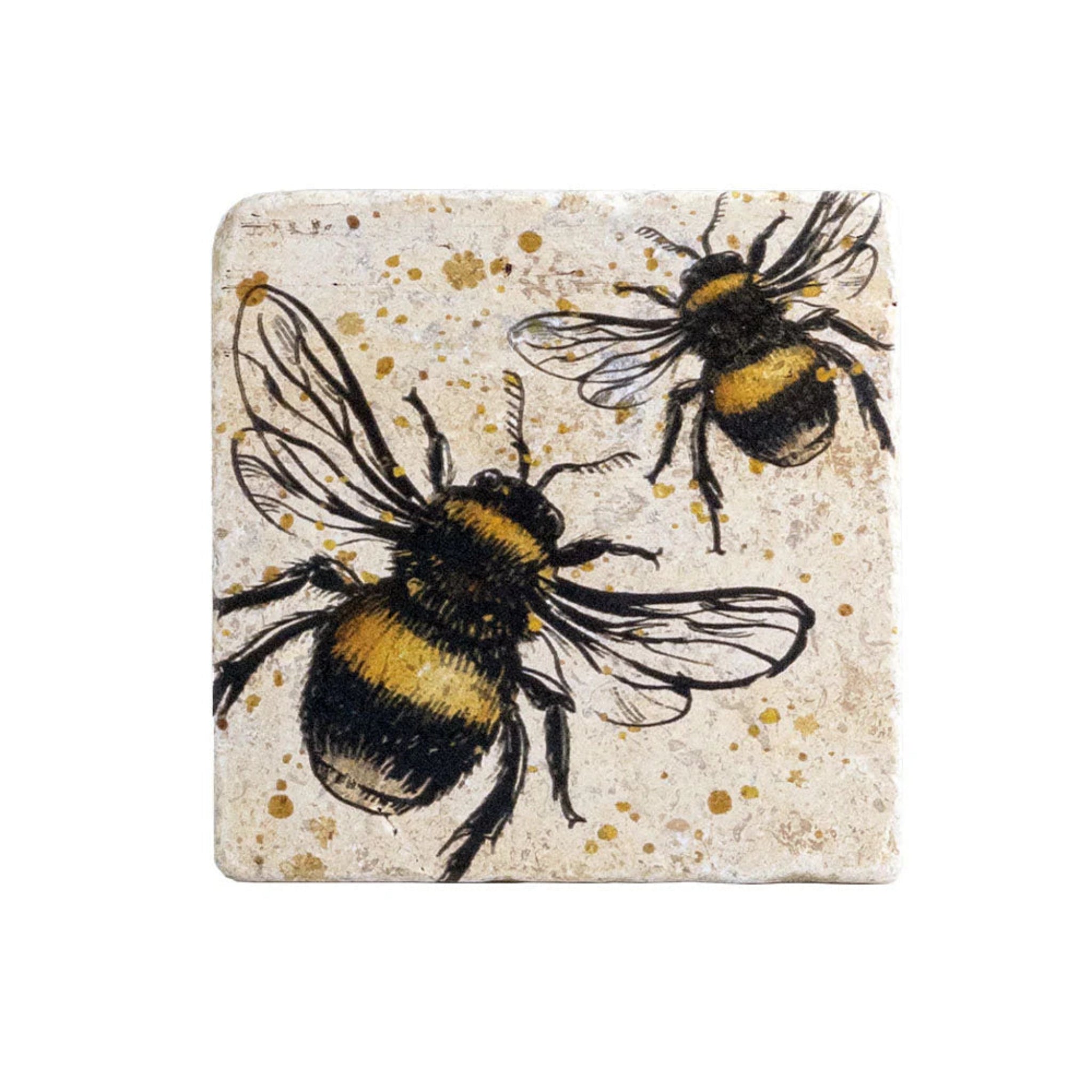 Coaster with two bee illustrations on a textured surface
