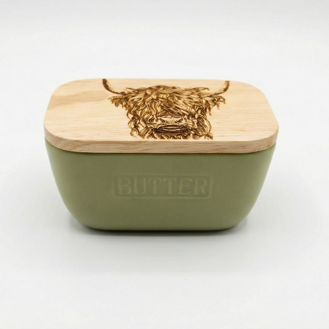 Selbrae House Highland Cow Ceramic Butter Dish - Sage Green