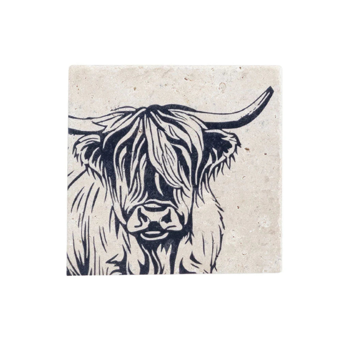 Square coaster with a highland cow design on a white background