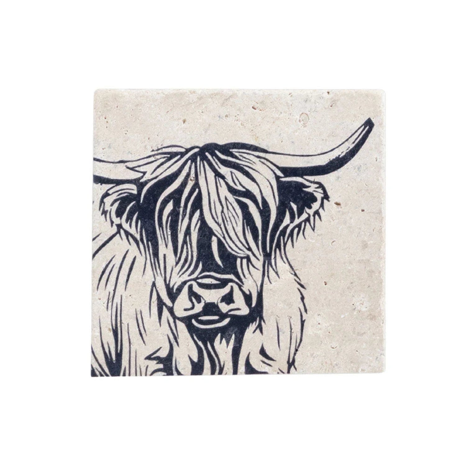 Square coaster with a highland cow design on a white background