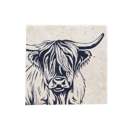 Square coaster with a highland cow design on a white background