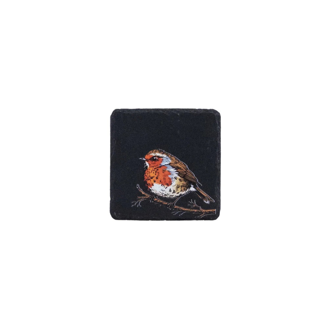 Square black stone with a robin illustration on a white background