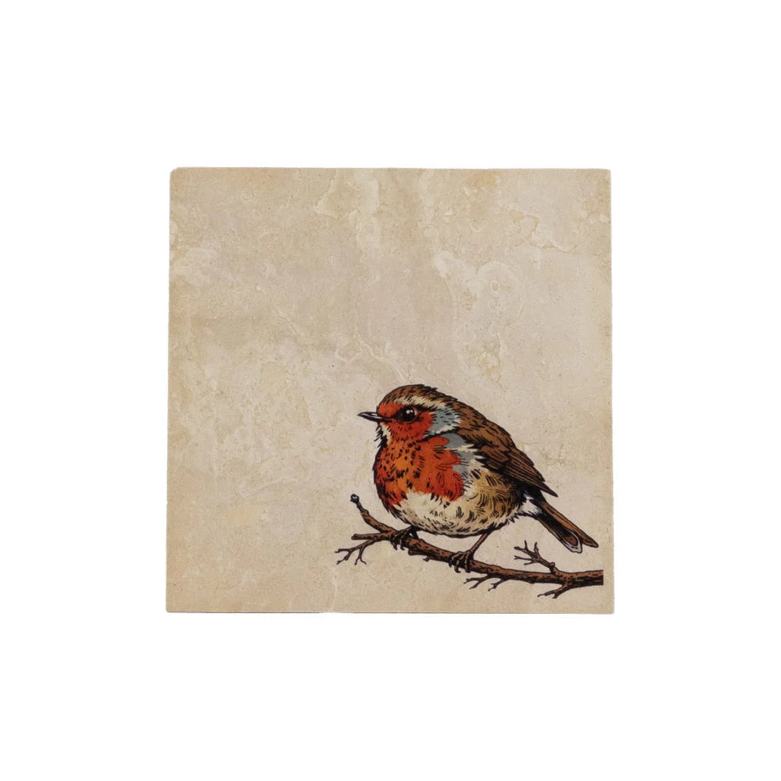 Illustration of a robin on a branch with a textured beige background