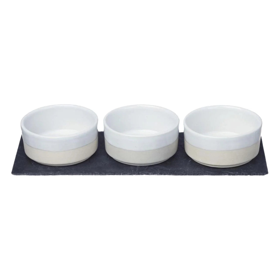 Three small ceramic bowls with white interiors and warm beige exteriors, arranged side by side on a dark rectangular tray against a plain white background.