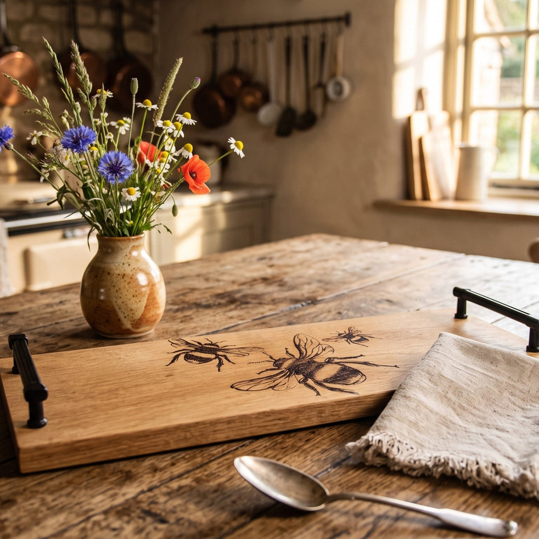 Selbrae House Wooden Bee Oak Tray Black Steel Handles