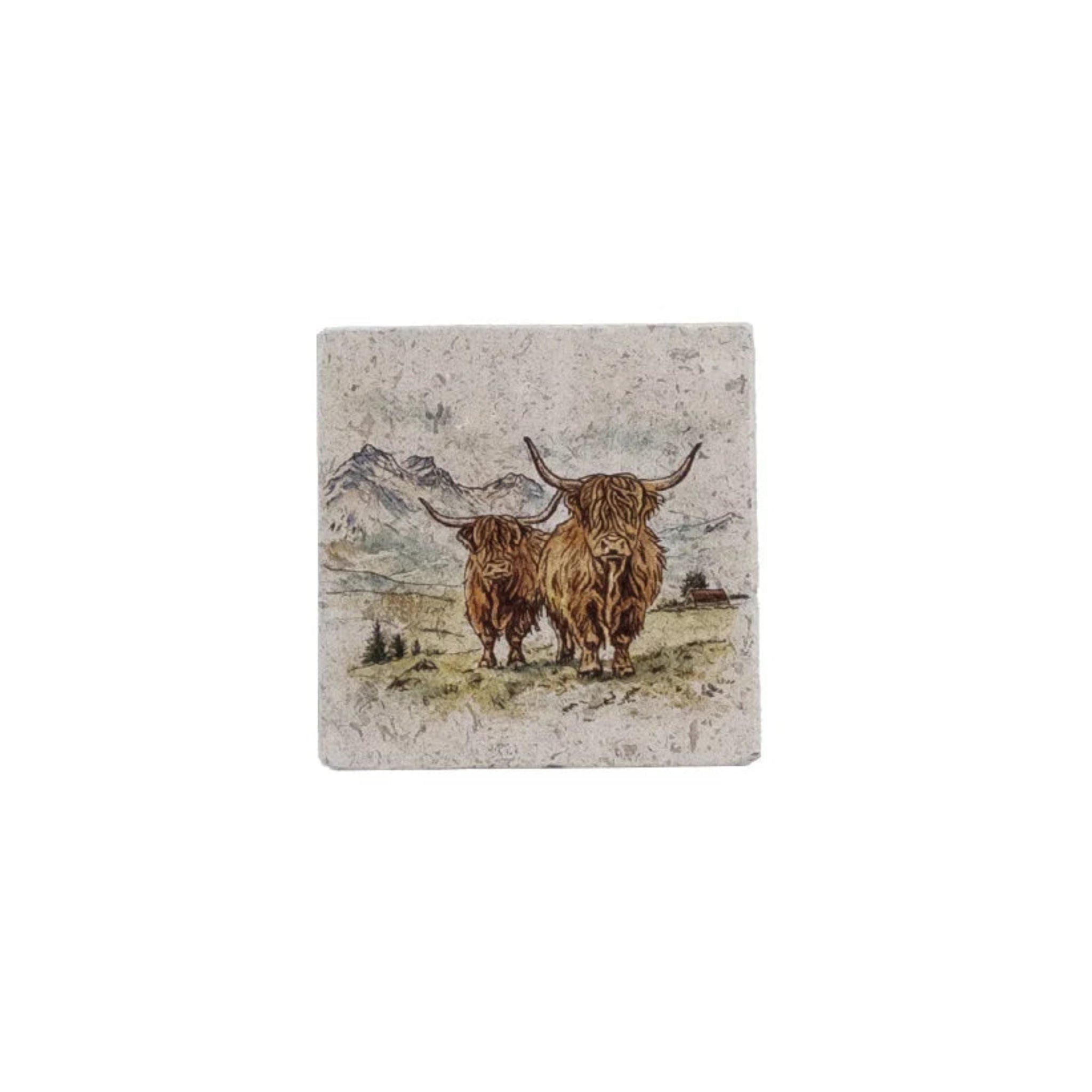 A square stone coaster featuring an illustration of two Highland cows in a grassy field with mountains in the background, shown on a plain white background.