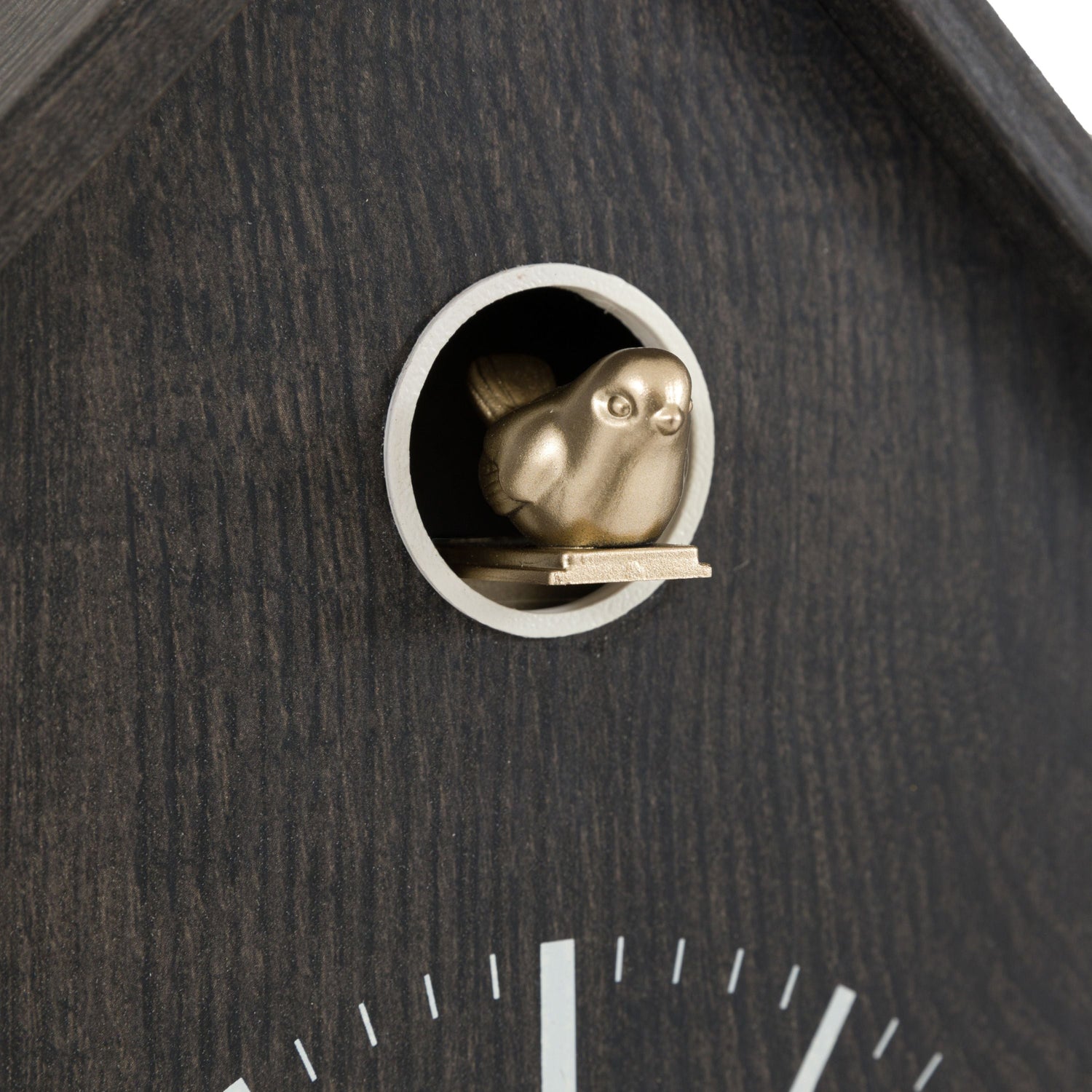 Cuckoo clock with a gold-colored bird peering out from a hole in the wooden casing.