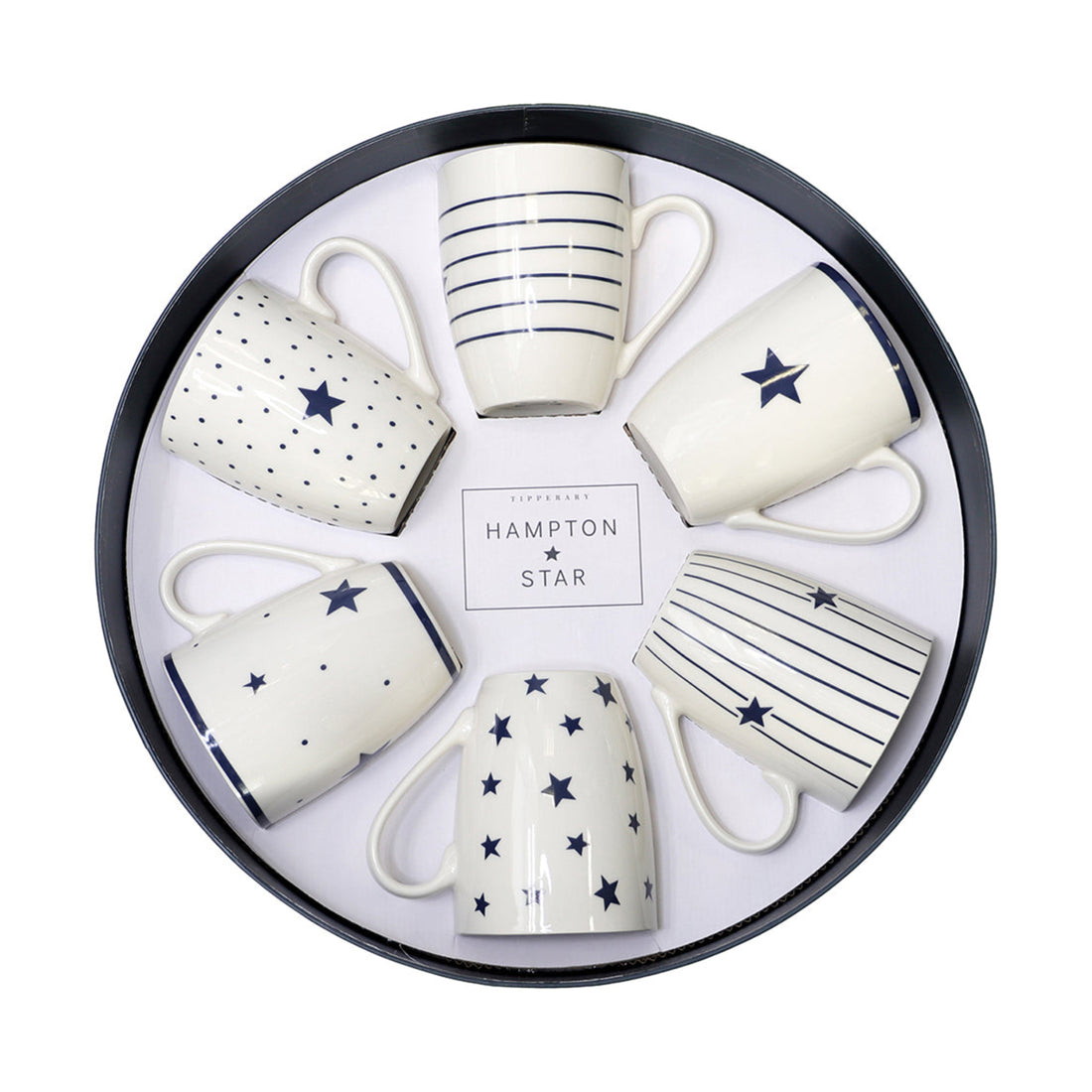 Set of six ceramic mugs with star and stripe patterns in a round black tin, branded &