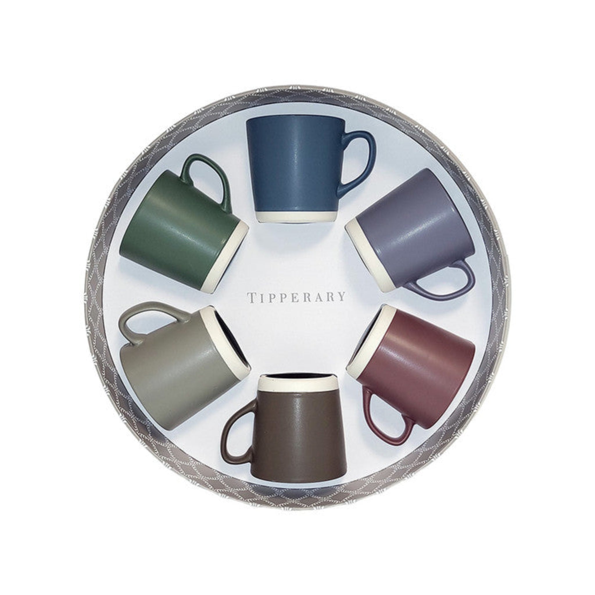 Set of Tipperary mugs in various colors arranged in a circular display.