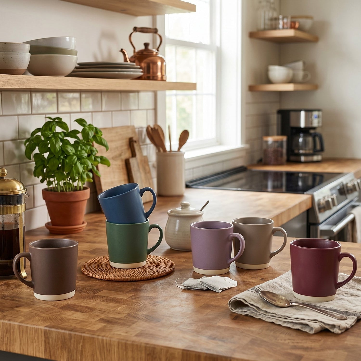 Colorful mugs on a kitchen counter with shelves and appliances in the background