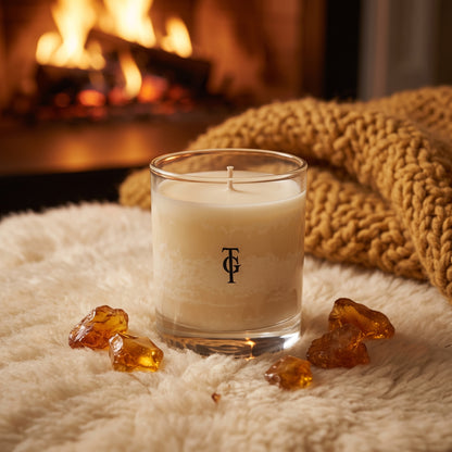 A cream-colored scented candle in a clear glass jar sits on a white faux-fur surface with amber stones and a chunky knit blanket, with a blurred fireplace in the background.