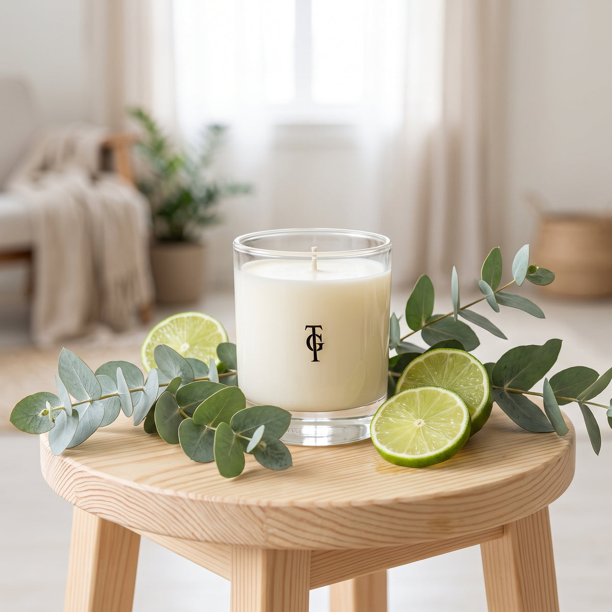A white soy wax candle in a clear glass jar sits on a light wood stool, surrounded by fresh lime slices and eucalyptus branches. The candle features a black monogram logo on the front.