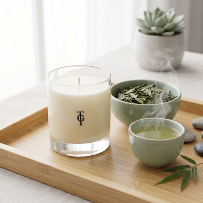 A white candle in a clear glass jar with a black monogram logo, styled on a bamboo tray alongside a green bowl of dried leaves and a small cup of tea in a serene indoor setting.